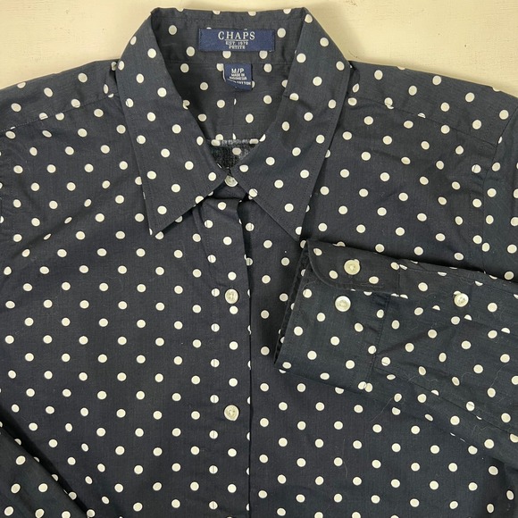 Chaps Tops - Chaps Womens Petite Polka Dot Button Down Shirt Long Sleeve Size MP Blue White‎